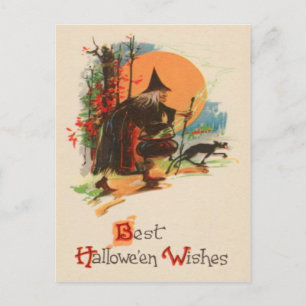 Carte Postale Chaudière de sorcière Chat noir Pleine lune