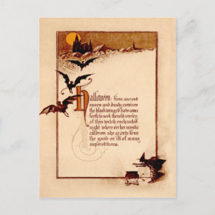 Carte Postale Chaudière de sorcière Chauve-souris Pleine lune