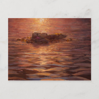 Carte Postale Chauffage de loutres au coucher du soleil flottant