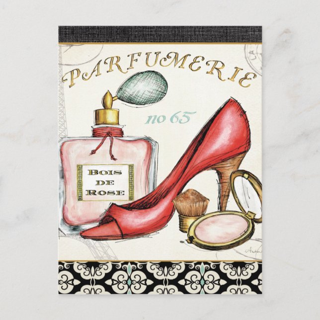 Carte Postale Chaussure rouge, Bouteille de parfum et Poudre rou (Devant)