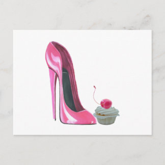 Carte Postale Chaussure Stiletto Rose et Cupcake