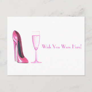 Carte Postale Chaussure Stiletto Rose et verre Champagne