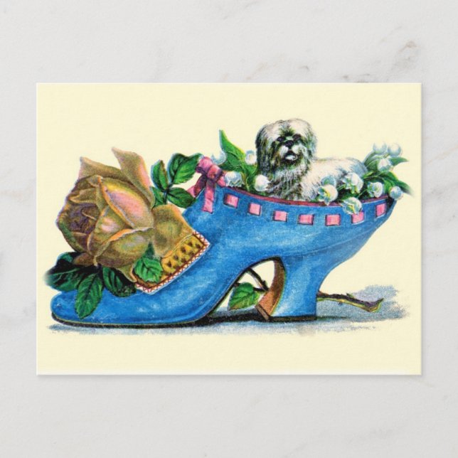 Carte Postale Chaussure victorienne avec chiot et Rose (Devant)