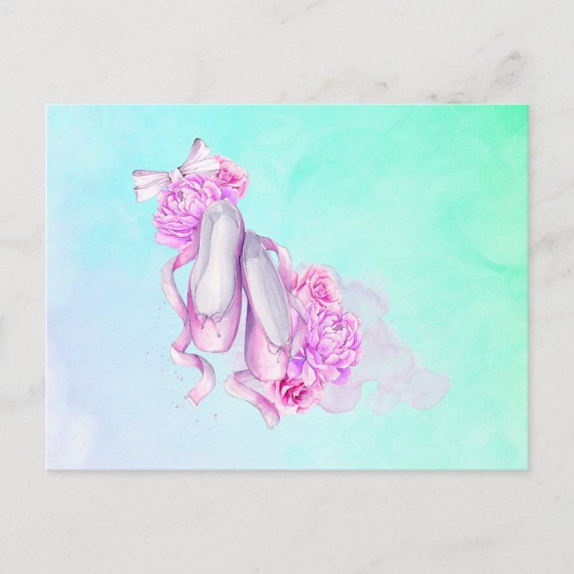 Carte Postale Chaussures de ballet vaches et pivoines en Aquarel (Devant)