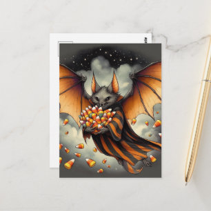 Carte Postale Chauve-souris adorable d'Halloween avec des bonbon