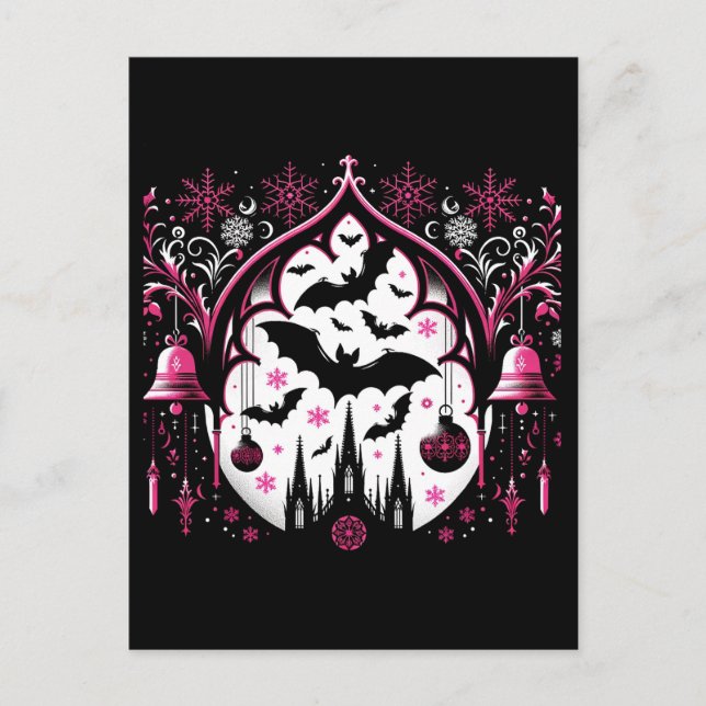 Carte Postale Chauve-souris de Noël gothique rose et noir (Devant)