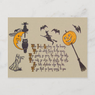 Carte Postale Chauve-souris sorcière Hibou Chat noir Citrouille