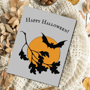 Carte Postale Chauve-souris vintage d'Halloween orange lune