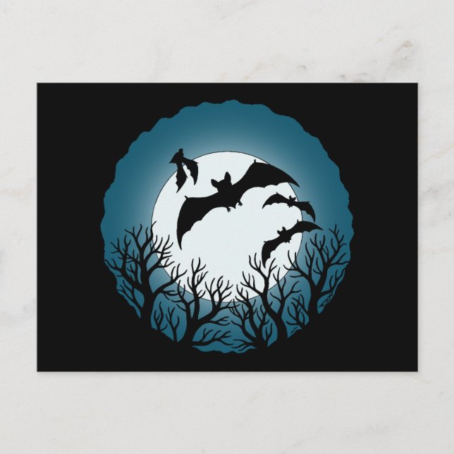 Carte Postale Chauves-souris et arbres contre la lune (Devant)
