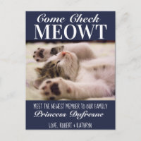 "Check Meowt" Nouveau Chat Faire-part bleu