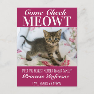Carte Postale "Check Meowt" Nouveau Chat Faire-part pourpre