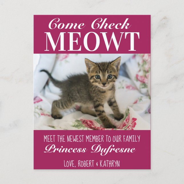 Carte Postale "Check Meowt" Nouveau Chat Faire-part pourpre (Devant)
