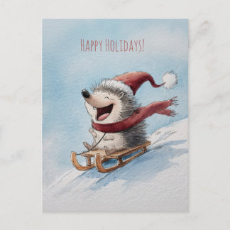 Carte Postale Cheerful hedgehog rides sled down, Christmas 