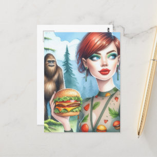 Carte Postale Cheeseburger avec sasquatch dans la forêt