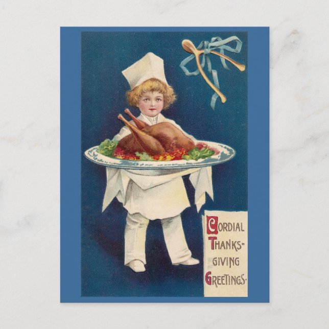 Carte Postale Chef avec Turquie sur Platter et Wishbone (Devant)