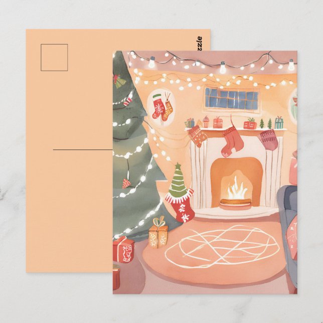 Carte Postale Cheminée de Noël Watercolor (Devant / Derrière)