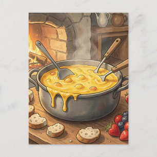 Carte Postale Cheminée Fondue de Fromage Cosy