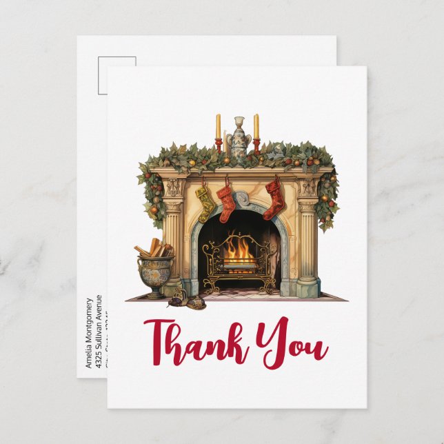 Carte Postale Cheminée victorienne confortable Merci de Noël (Devant / Derrière)
