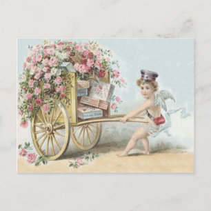 Carte Postale Cherub Cupid Mail Rose Candy Cart