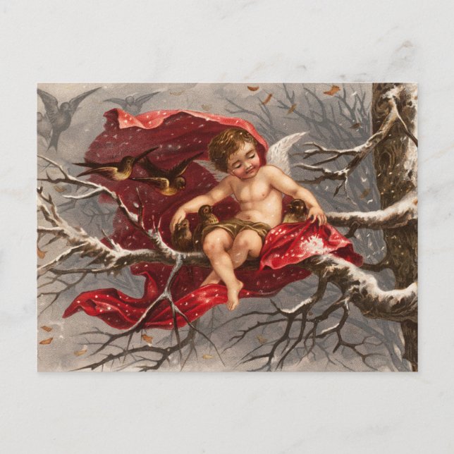 Carte Postale CHÉRUBIN AILÉ SUR UN ARBRE D'HIVER AVEC OISEAUX No (Devant)