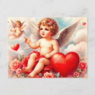 Carte Postale Chérubin Vintage Ange aux Roses Roses