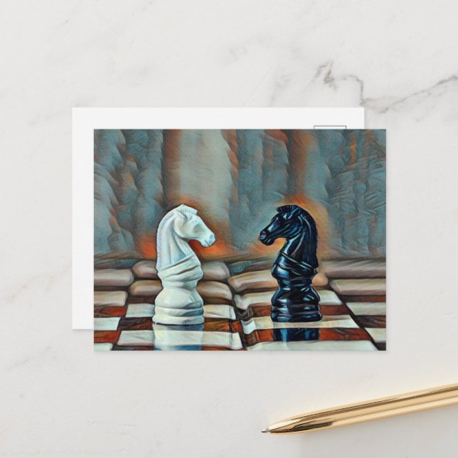 Carte Postale Chess Knights Chess Board Artistique Bleu, Orange (Devant/Arrière en situation)