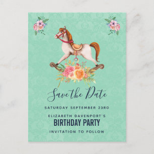 Carte Postale Cheval à bascule vintage avec fleurs Save the Date