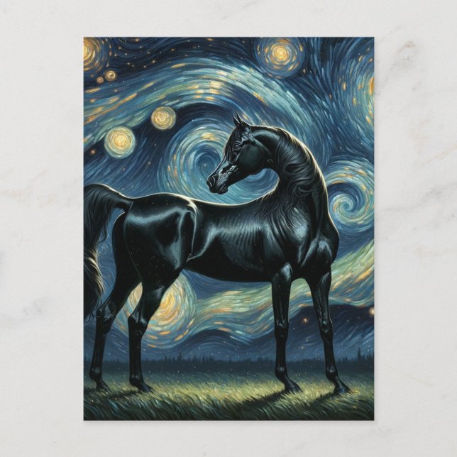 Carte Postale Cheval arabe noir dans la nuit étoilée de Van Gogh (Devant)
