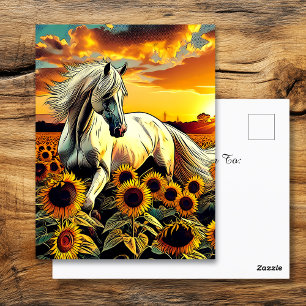 Carte Postale Cheval blanc dans le champ des tournesols au couch