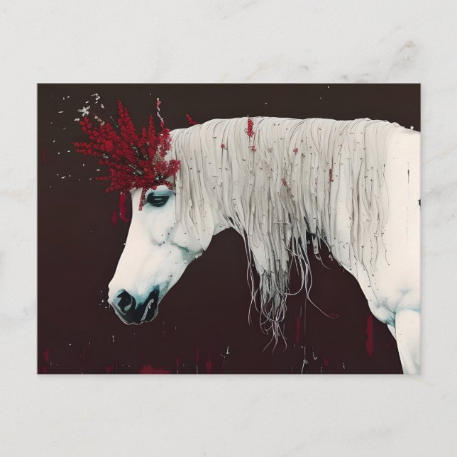 Carte postale Cheval Blanc Fleurs rouges (Devant)