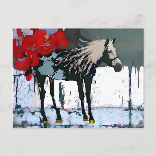 Carte postale Cheval Blanc Fleurs rouges (Devant)