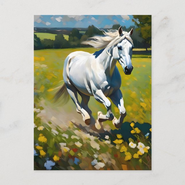 Carte Postale Cheval blanc sur une prairie Fleur sauvage (Devant)