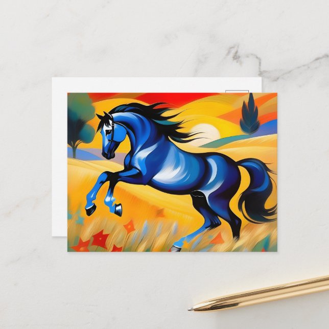 Carte Postale Cheval bleu dans un champ (Devant/Arrière en situation)