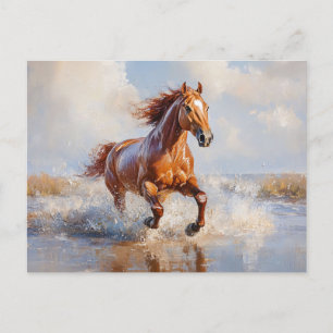Carte Postale Cheval Brown de châtaignier courant sur la plage