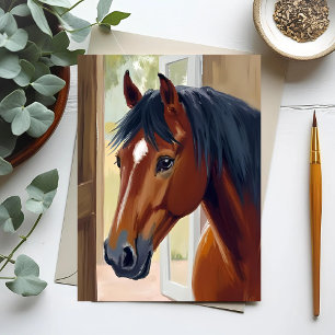 Carte Postale Cheval Brun Aquarelle Animal Pays Grange