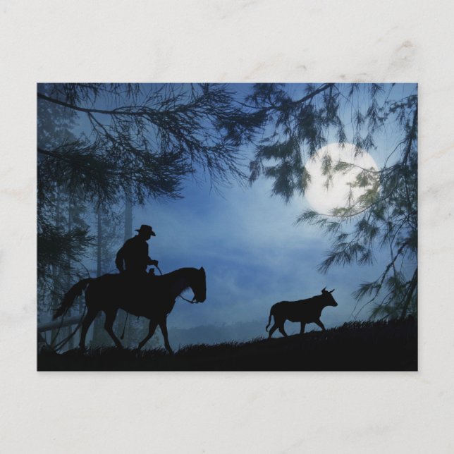 Carte Postale Cheval Cowboy et Steer avec Pleine lune hiver (Devant)
