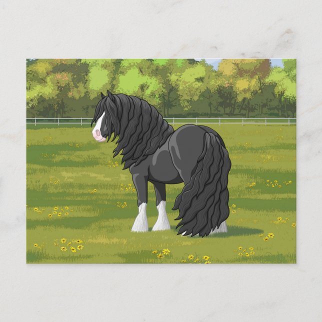 Carte Postale Cheval d'attelage noir et blanc de la bannière Tzi (Devant)