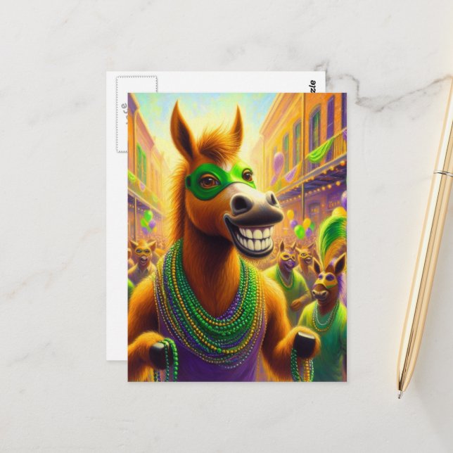 Carte Postale Cheval de Mardi Gras heureux drôle avec des perles (Devant/Arrière en situation)