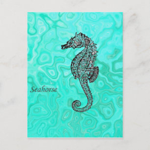 Carte Postale Cheval de mer sur Aqua Splash Motif en marbre Turq