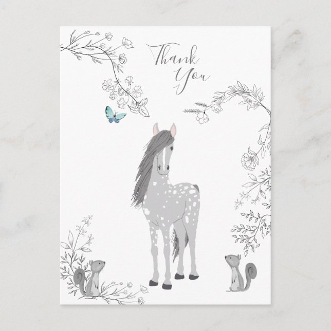 Carte Postale Cheval gris, écureuils et Merci de fleurs (Devant)