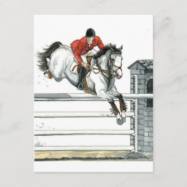 Carte Postale Cheval gris Saut Au-Dessus Des Clôtures (Devant)