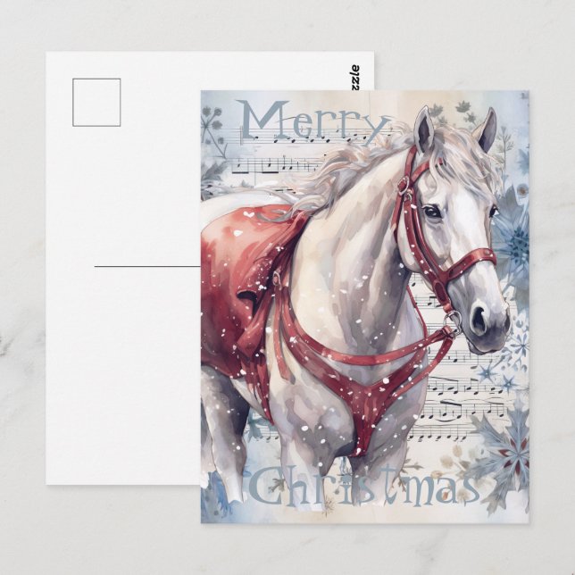 Carte Postale Cheval hiver Aquarelle de Noël (Devant / Derrière)