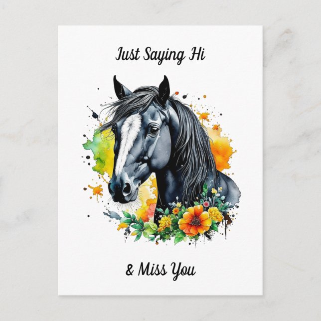 Carte Postale Cheval noir entouré de fleurs jaunes Hi (Devant)