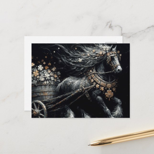 Carte Postale Cheval noir tirant une charge de Shamrocks d'or (Devant/Arrière en situation)