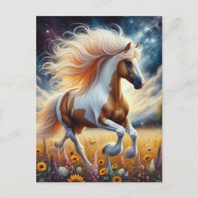 Carte Postale Cheval Pinto dans la prairie à fleurs (Devant)