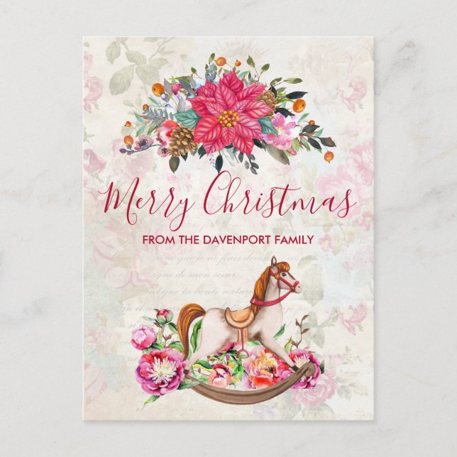 Carte Postale Cheval rocheux victorien et Poinsettia Noël (Devant)