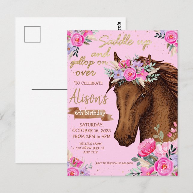 Carte Postale Cheval rose Fête d'Anniversaire (Devant / Derrière)