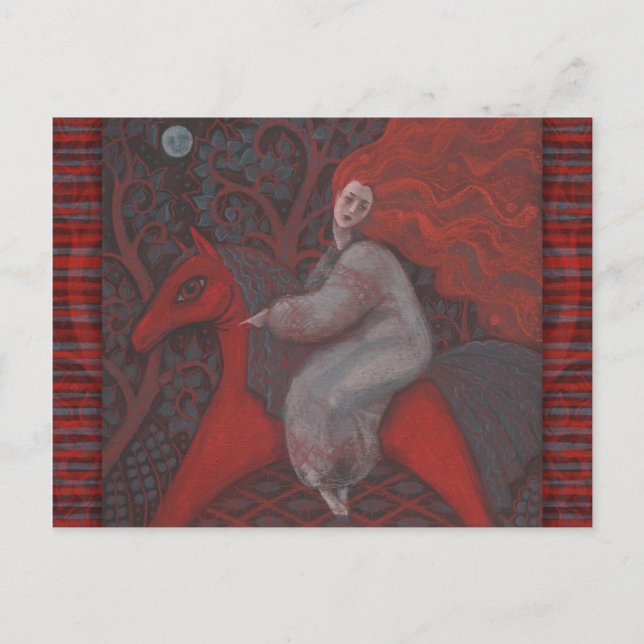 Carte Postale "Cheval Rouge", femme rousse, imaginaire art surré (Devant)