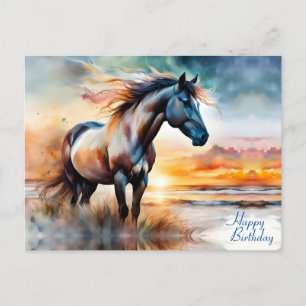 Carte Postale Cheval sauvage sur dune herbeuse au coucher du sol