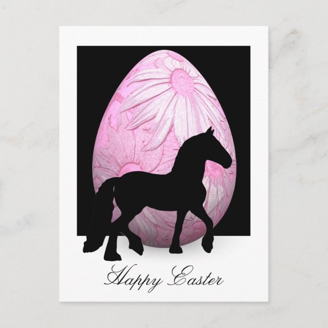 Carte Postale Cheval Silhouette et Oeuf Fleur Rose Joyeux Pâques (Devant)